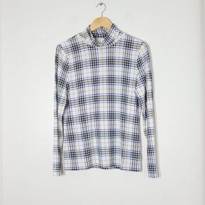 Talbots Therma Warmth Turtleneck White Blue Black Plaid Stretch Long Sleeve Med